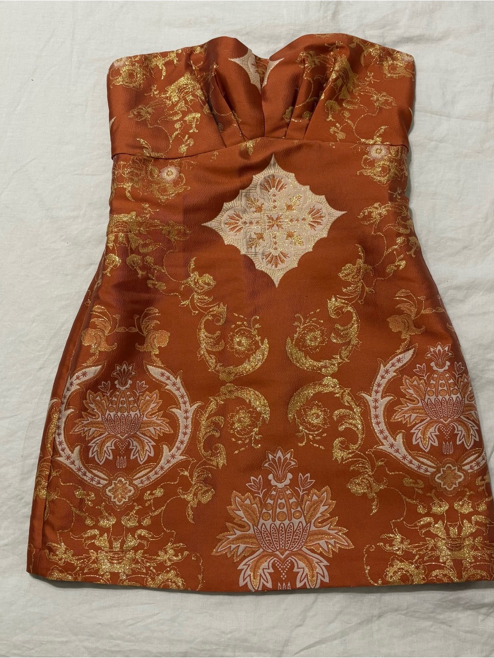 Free People Rust and Gold Strapless Brocade Mini Dress